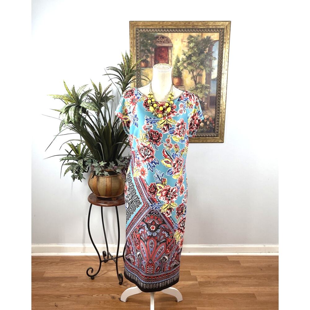 Beige by ECI Floral Sheath Dress Blue Multicolor Size 12 Stretch Midi Career